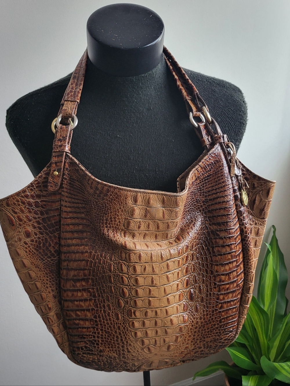 Brahmin Croc-embossed Leather Shoulder Bag/tote In Almond /brown.